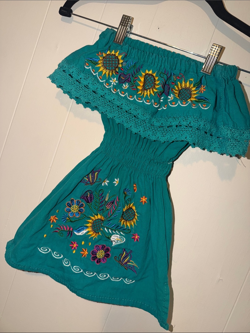 Girls Teal Embroidered Off-Shoulder Dress
